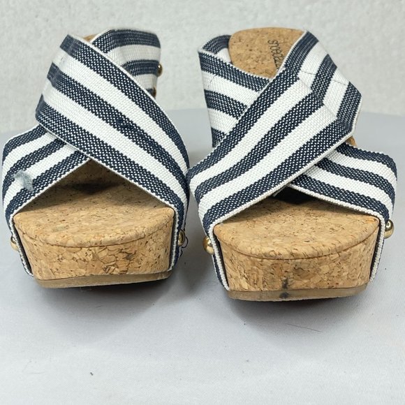 SHOEDAZZLE Womens 8 Abigail Wedge Sandals Black White Stripe Cork Platforms Cute - Picture 2 of 10